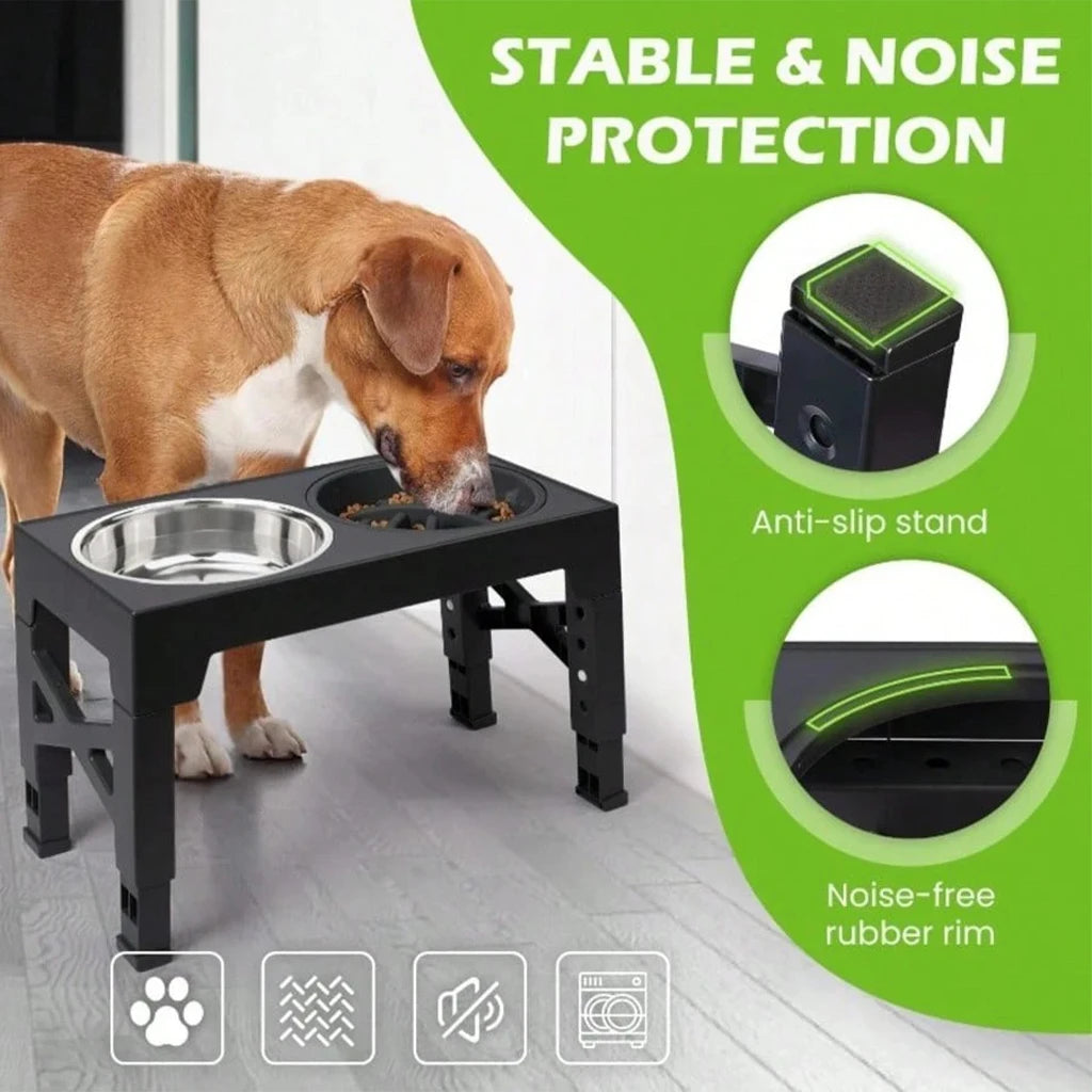 Adjustable Dog Feeder Stand with Slow Feed Bowl and Ball