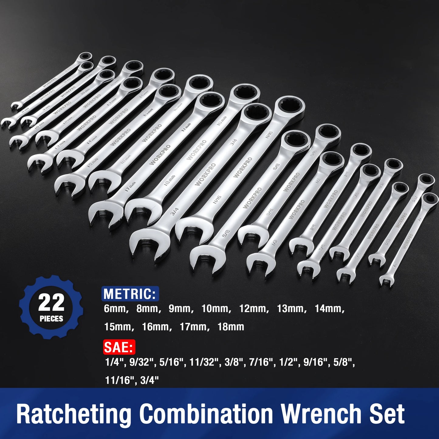 WORKPRO 21pc Ratcheting Wrench Set With Box Durable Chrome Vanadium