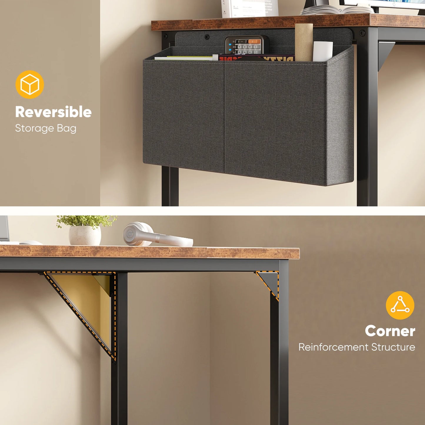 JHK Computer Desk With Wooden Top And Practical Storage Bag
