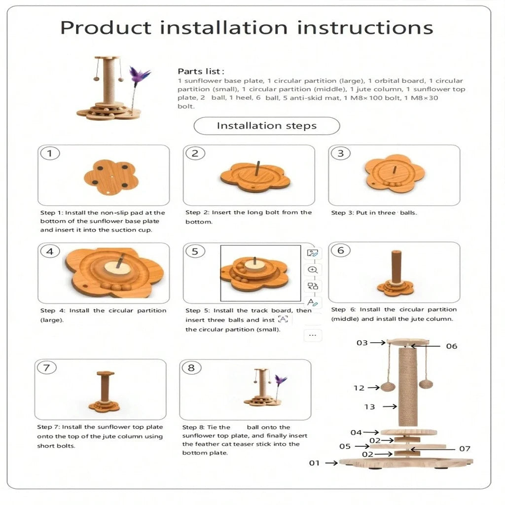 Wooden Cat Scratcher With Ball Track And Feather Toy
