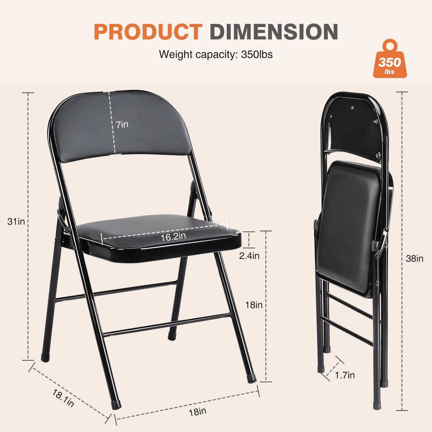 JHK Leather Padded Folding Chair Set, 4 Pack, Sturdy Metal