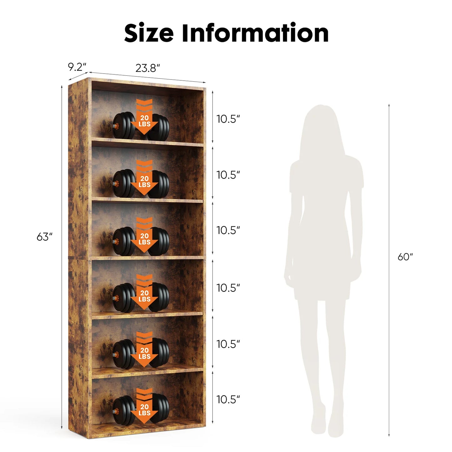 JHK 6 Tier Wood Shelf Bookcase For Living Room Office