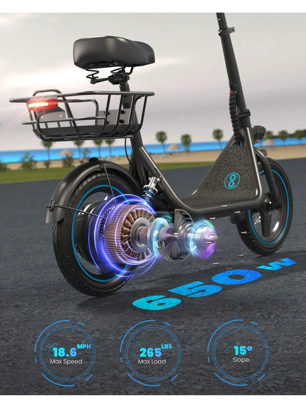 GYROSHOES Adult Electric Scooter with Seat, Basket and Dual Suspension