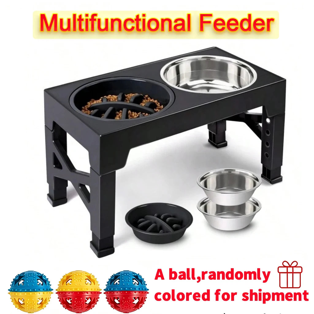 Adjustable Dog Feeder Stand with Slow Feed Bowl and Ball
