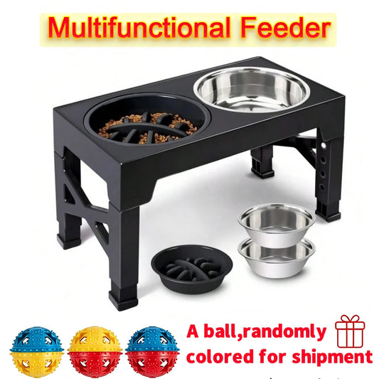Adjustable Dog Feeder Stand with Slow Feed Bowl and Ball