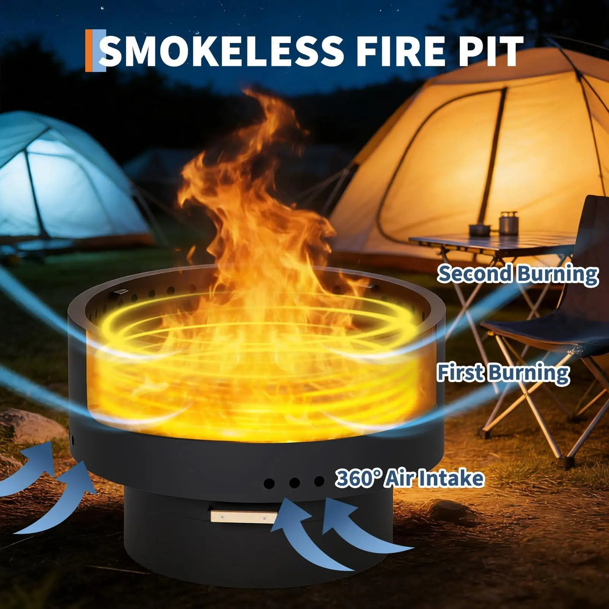 HiMISS Smokeless Fire Pit Table Bamboo Lid Removable Ash Pan