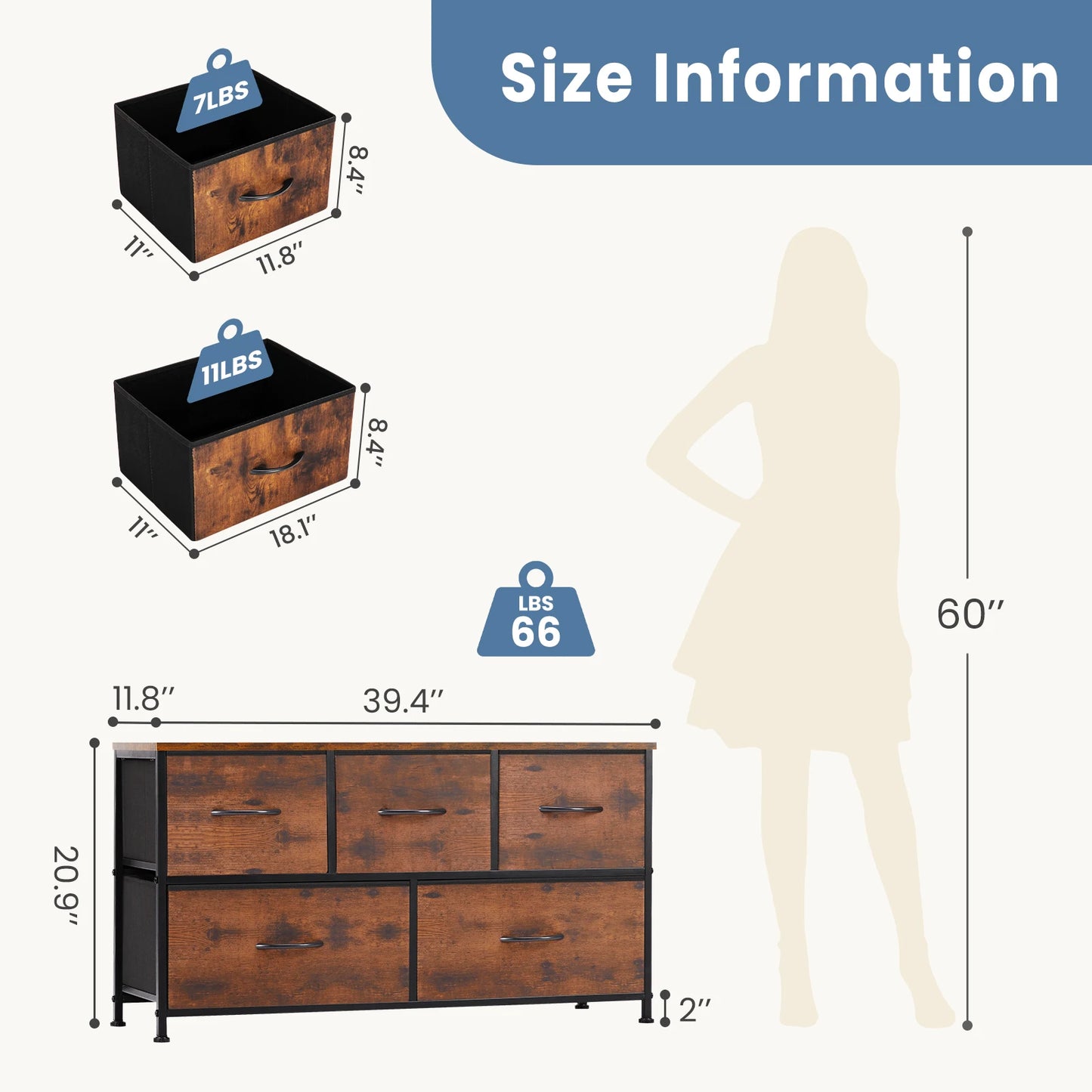JHK Living Room Display Cabinet With Fabric Drawers