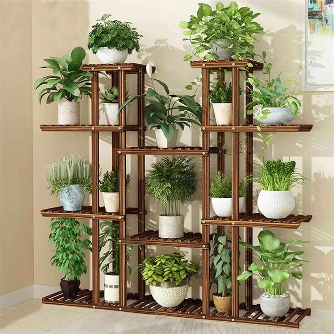 11 Tier Carbonized Wood Plant Stand For Indoor Outdoor Decor