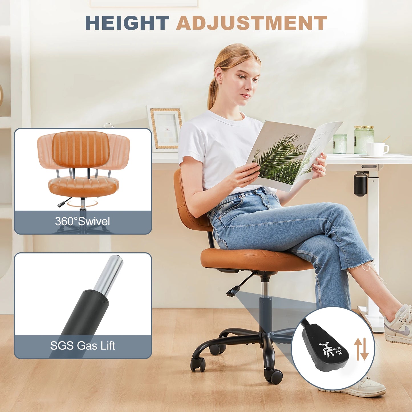 JHK Armless Office Chair With Lumbar Support 360 Degree Swivel