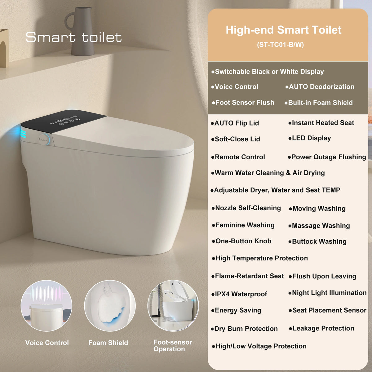 Smart Automatic Open Bidet Toilet Dual Flush Heated Seat Warm Water Self Cleaning