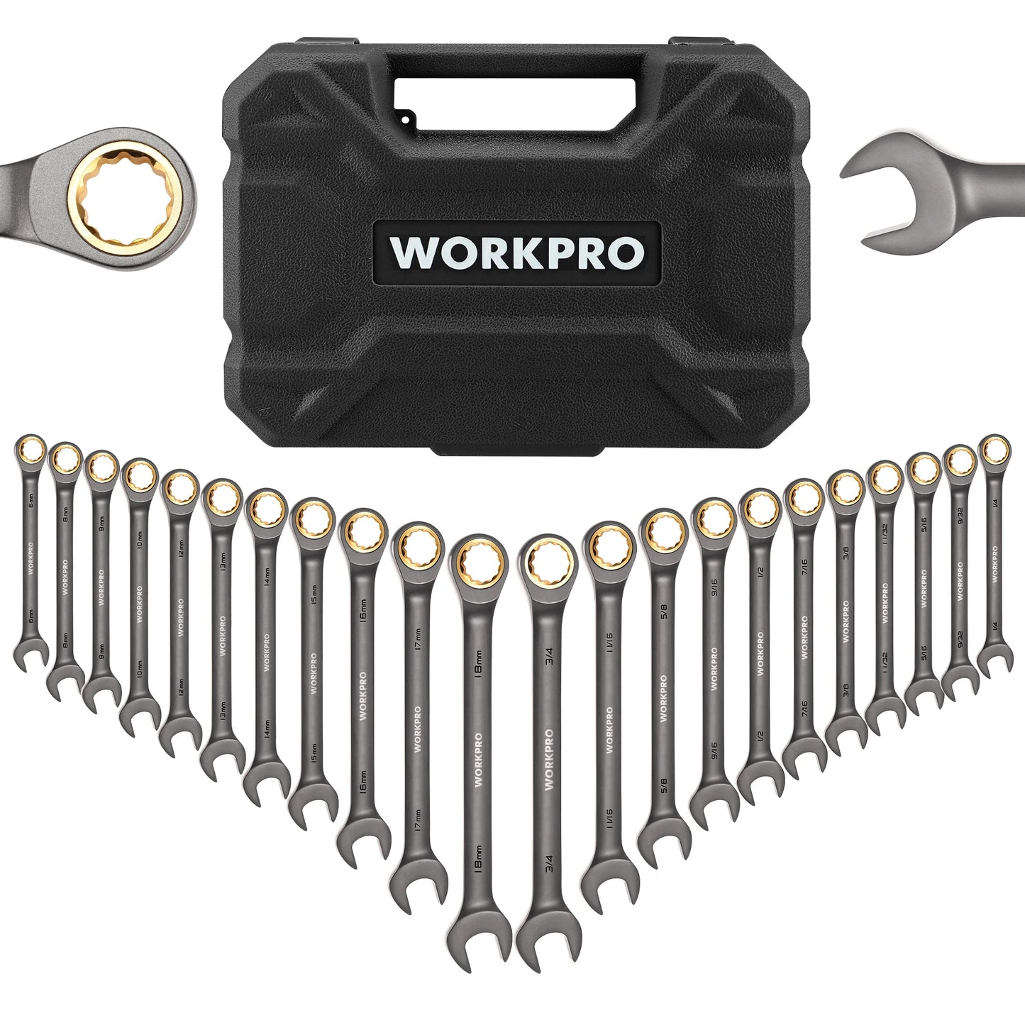 WORKPRO 21pc Ratcheting Wrench Set With Box Durable Chrome Vanadium