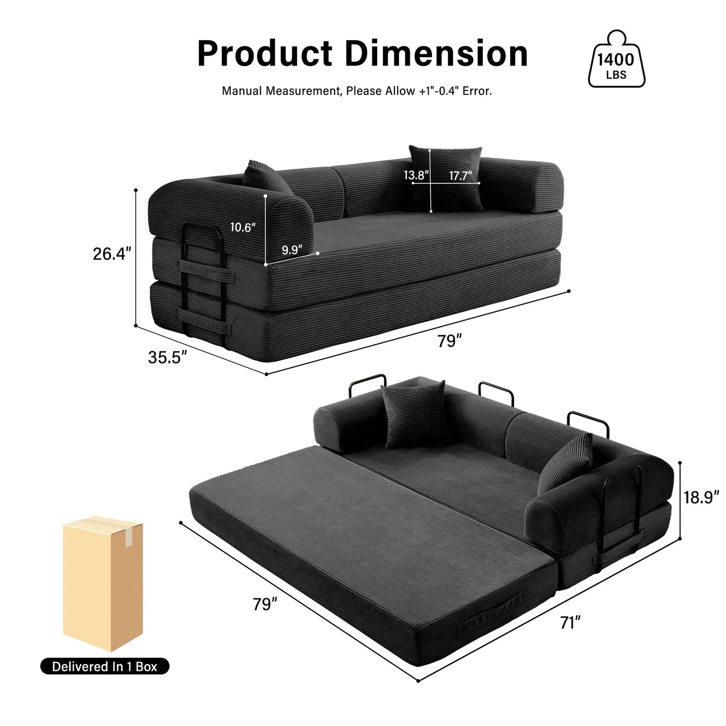 Modern Corduroy Foldable Futon Convertible Sleeper Sofa Bed