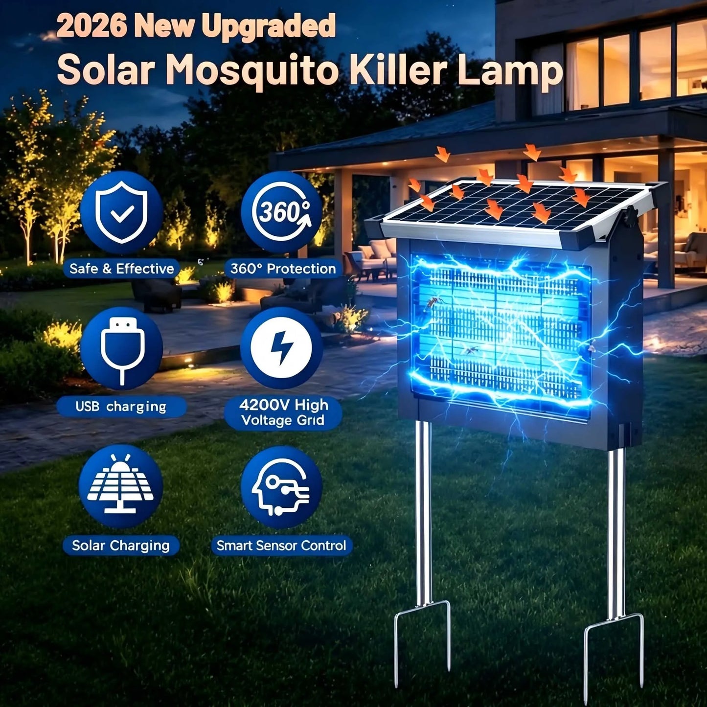 Solar Bug Zapper Outdoor Waterproof 4500V Mosquito Killer With Sensor