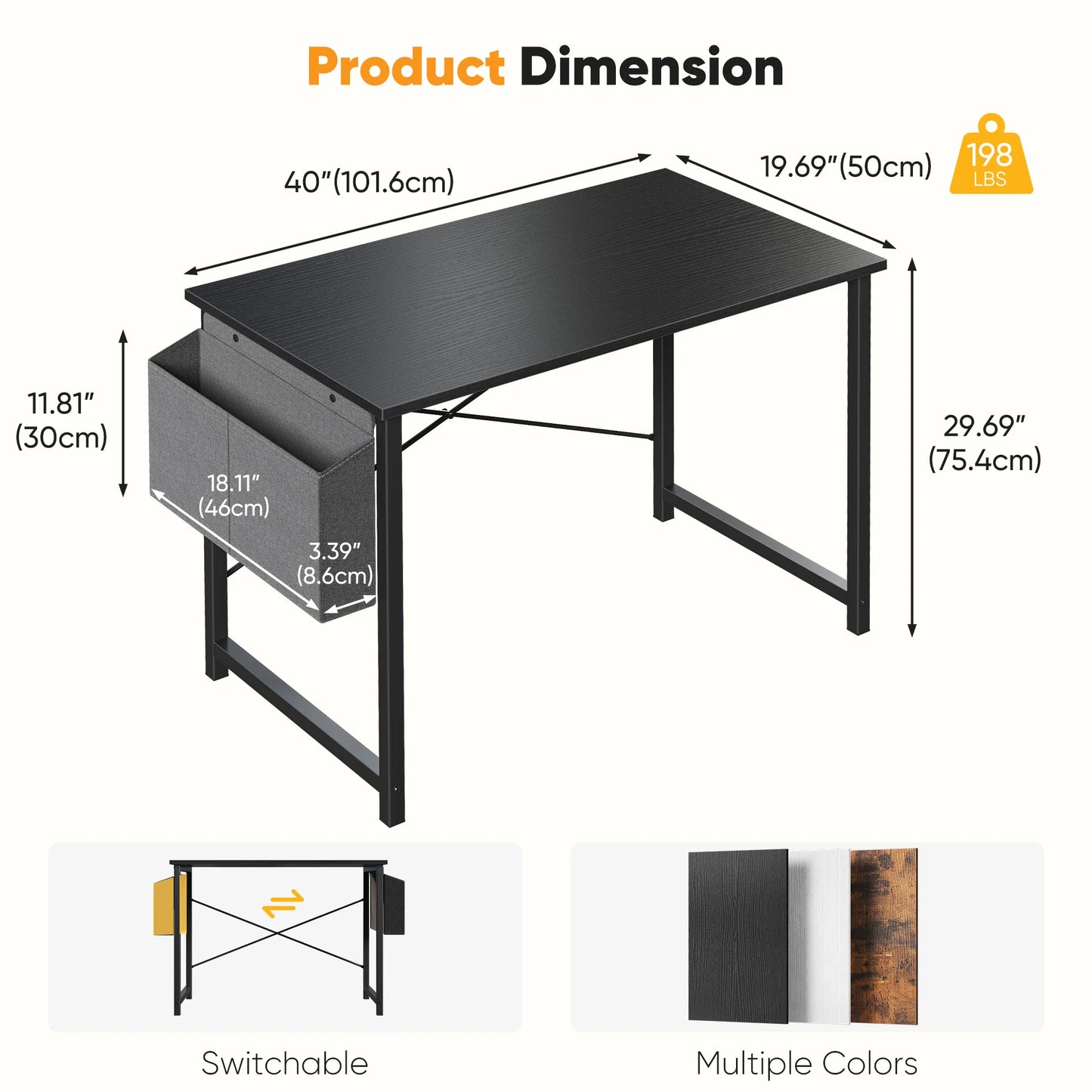 JHK Computer Desk With Wooden Top And Practical Storage Bag