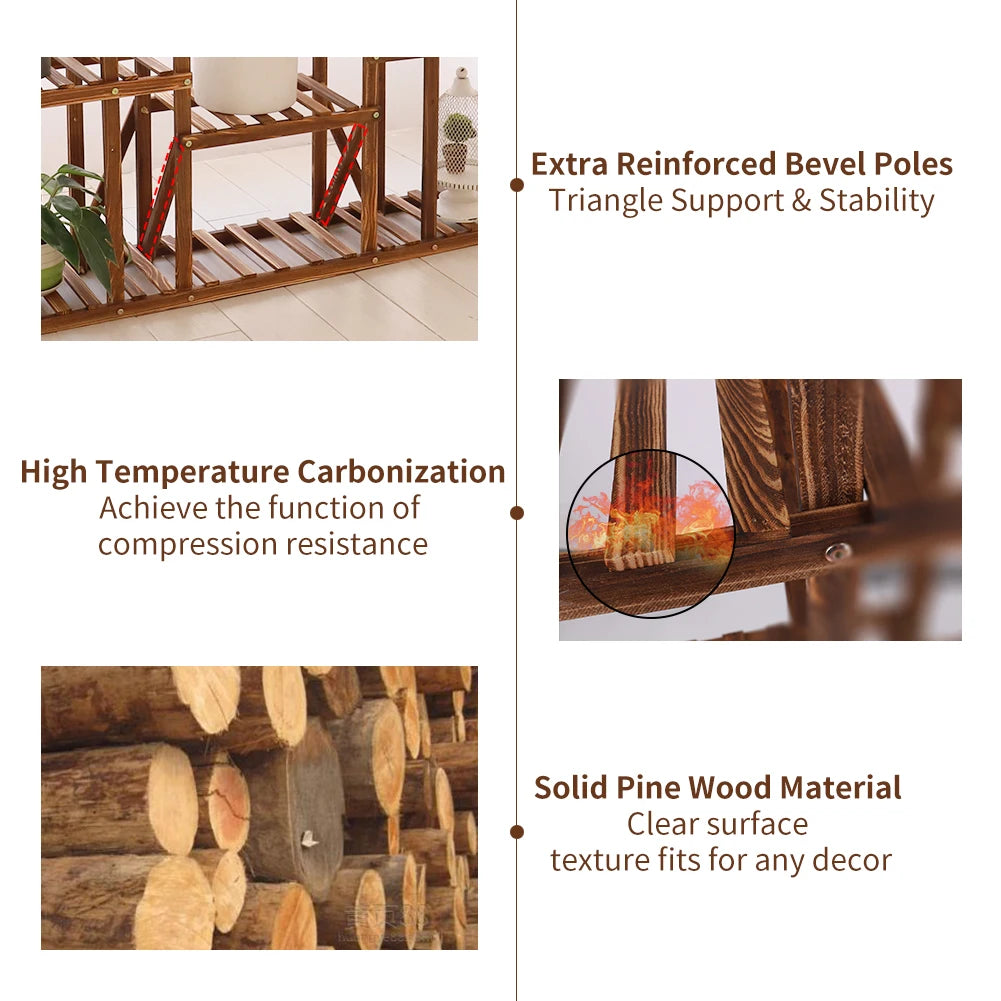 11 Tier Carbonized Wood Plant Stand For Indoor Outdoor Decor