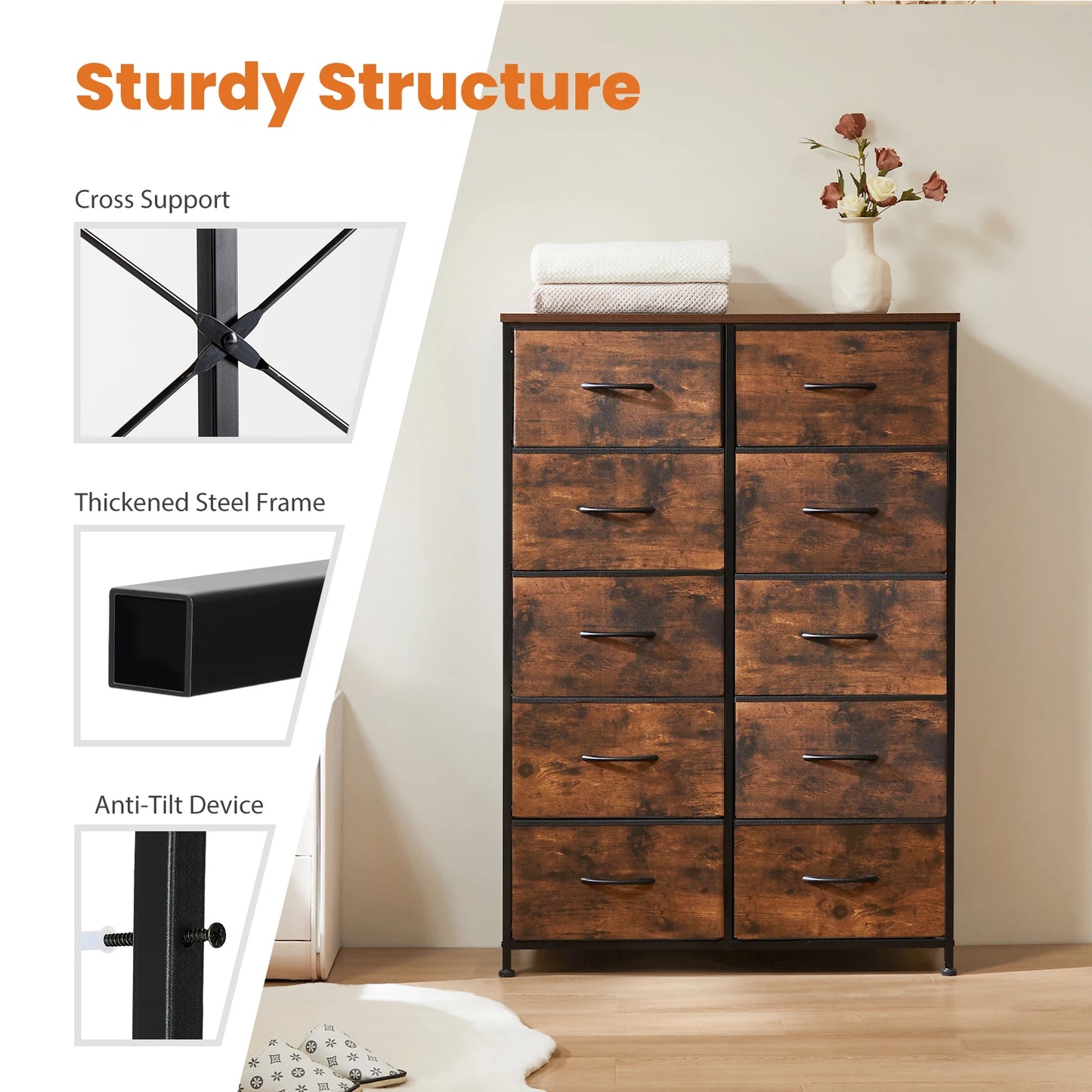 JHK Bedside Table Wardrobe With Fabric Drawers And Steel Frame