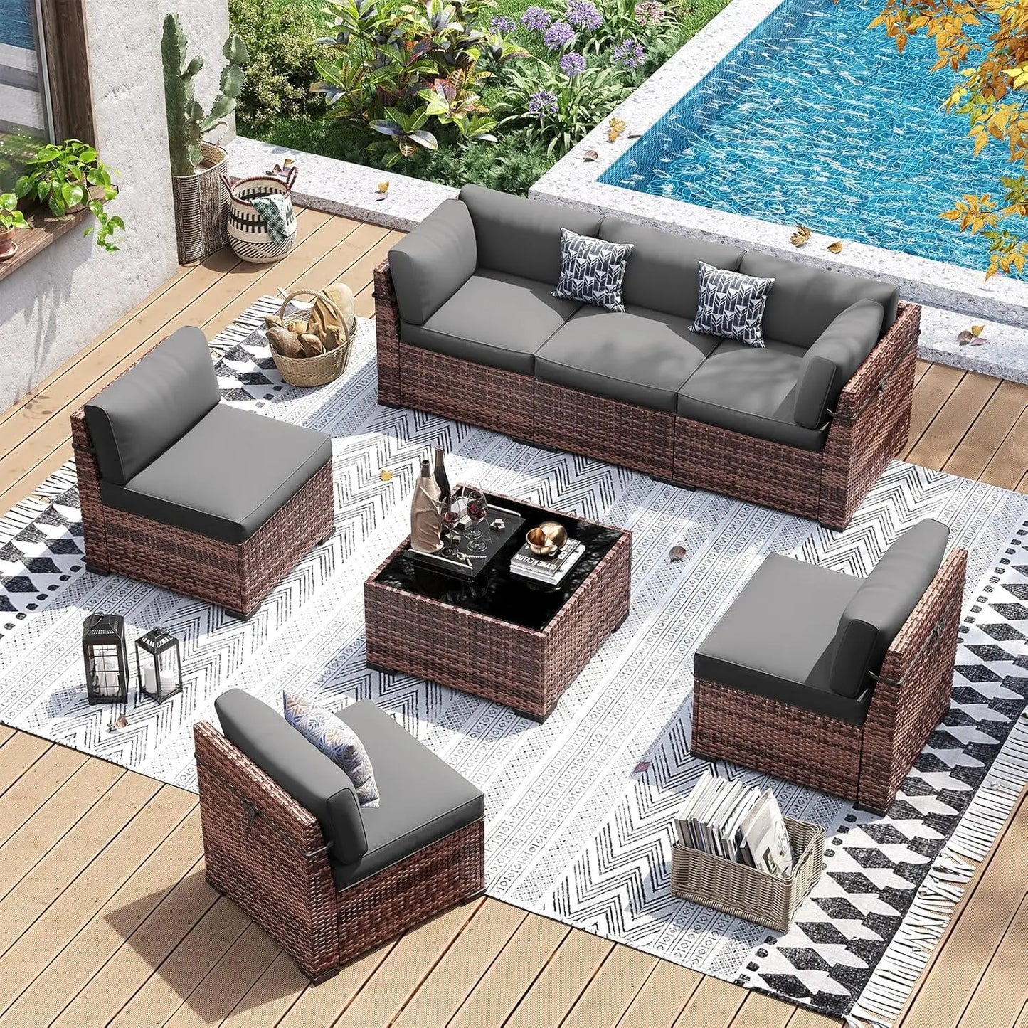Patio Furniture Set 7-Piece PE Wicker Outdoor Conversation