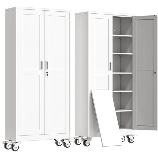 Metal Garage Storage Cabinet With 2 Doors And Wheels 5 Adjustable Shelves