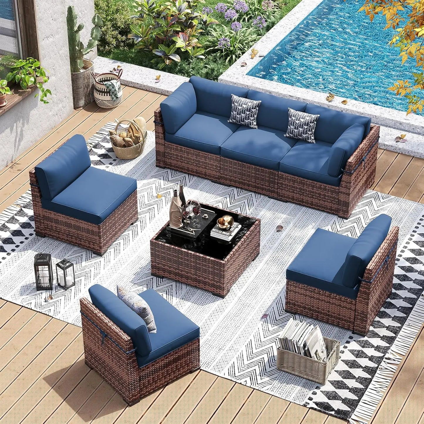 Patio Furniture Set 7-Piece PE Wicker Outdoor Conversation