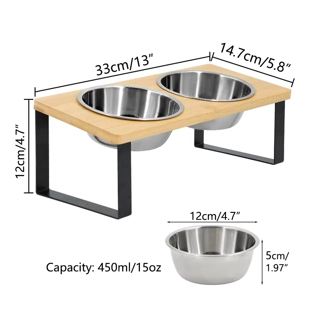 Elevated Tilted Cat Bowls With Wooden Stand And Steel Dishes