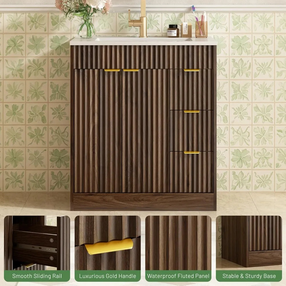 Modern Fluted Walnut Bathroom Vanity With Sink And Storage