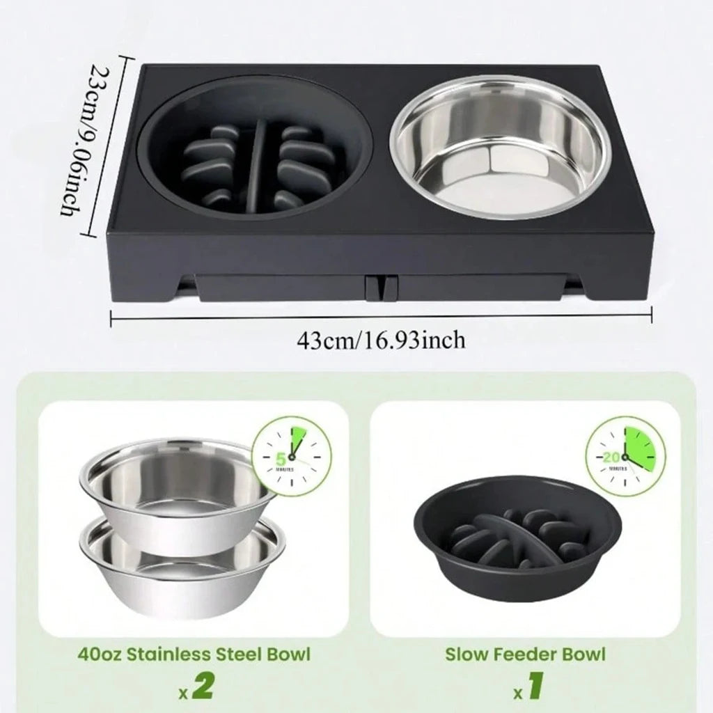 Adjustable Dog Feeder Stand with Slow Feed Bowl and Ball