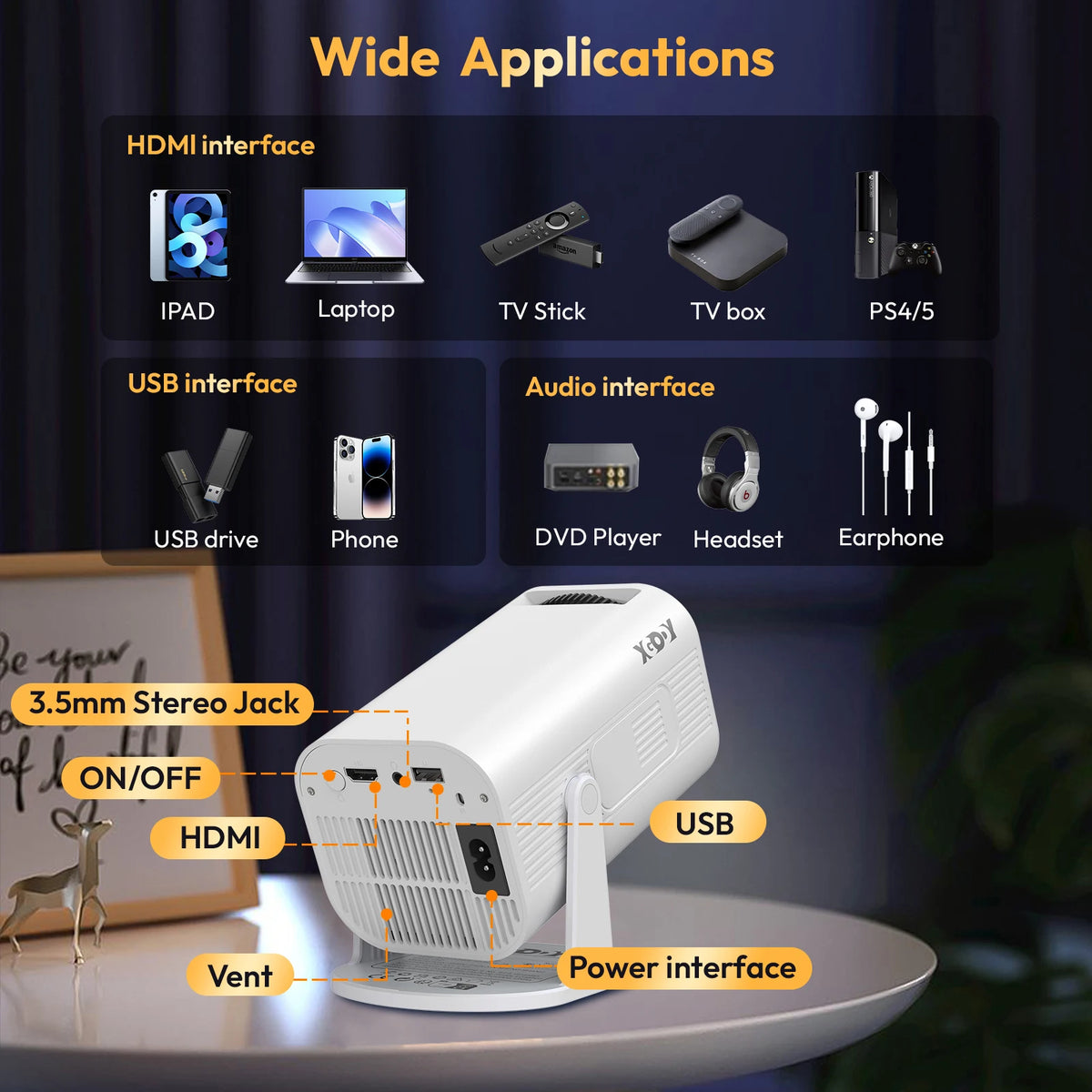 XGODY Gimbal Pro 720P Android Projector With Auto Keystone Correction