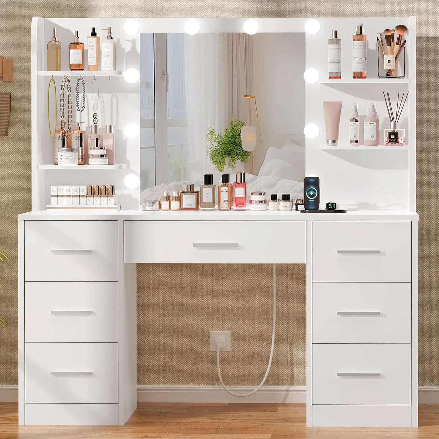 Vanity Desk With LED Mirror And Power Outlet 7 Drawers