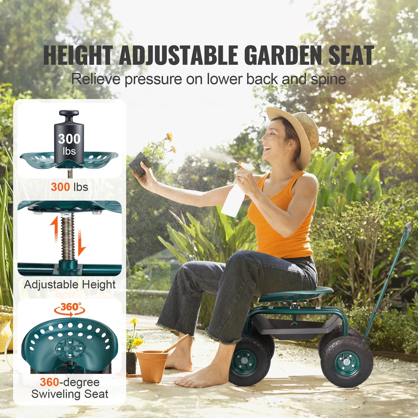 SucceBuy Rolling Garden Cart With 360 Degree Swivel Seat