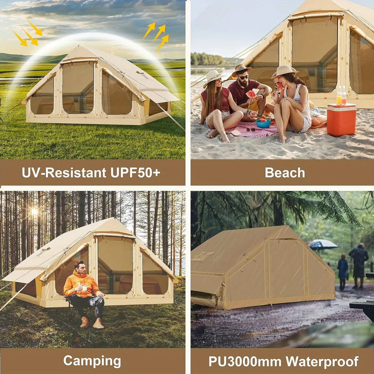 Inflatable Camping Tent With Stove Jack Skylight And Double Doors