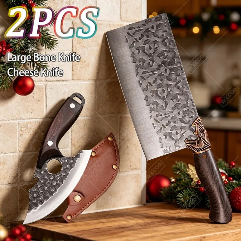 Stainless Steel Cleaver Chef Knife Pair For Kitchen Prep