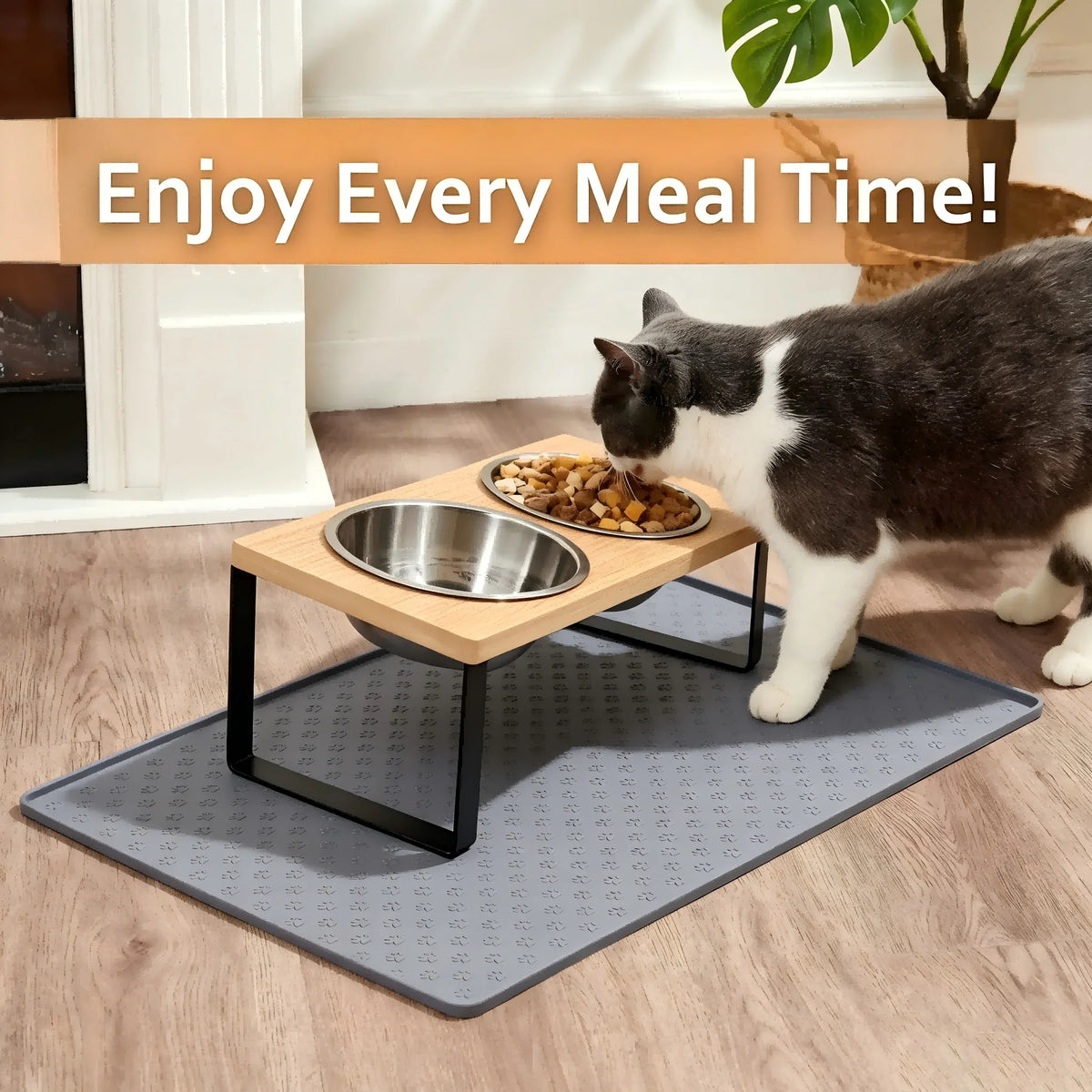 Elevated Tilted Cat Bowls With Wooden Stand And Steel Dishes