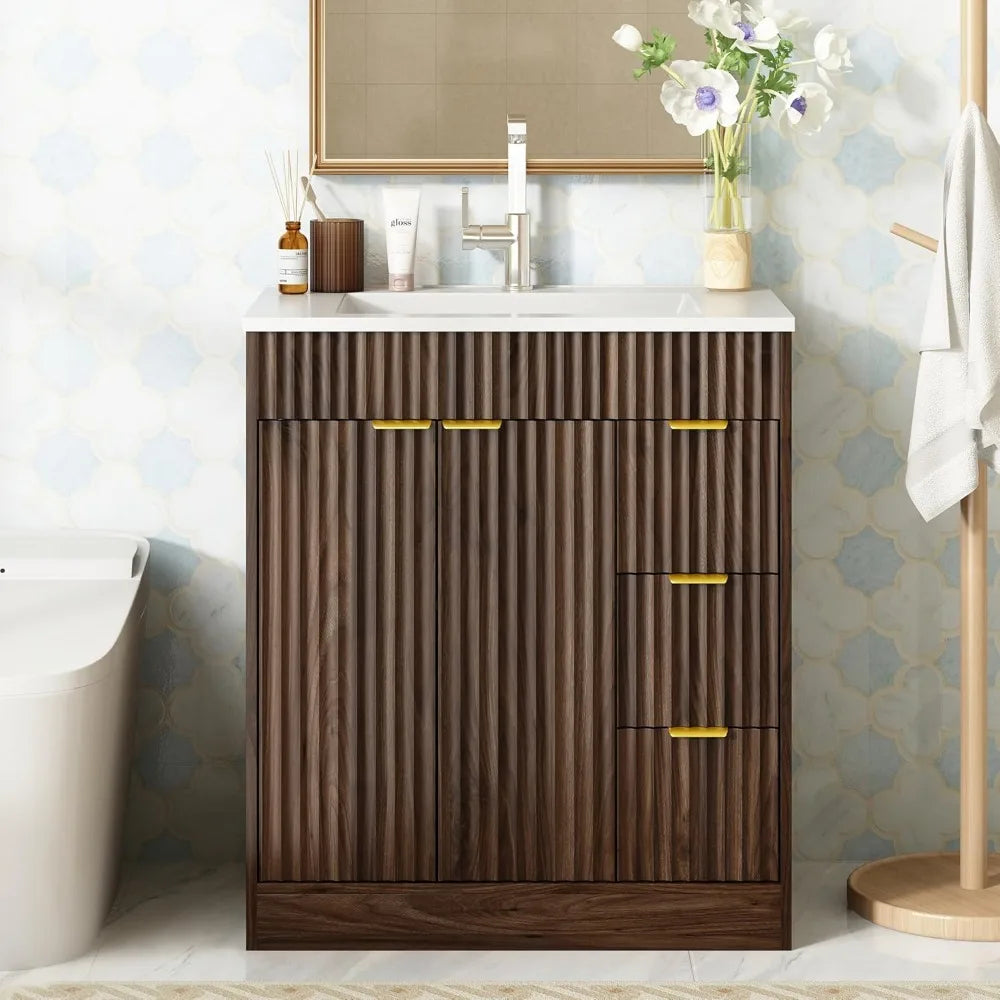 Modern Fluted Walnut Bathroom Vanity With Sink And Storage
