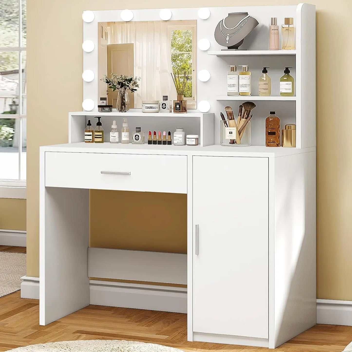 Vanity Desk With LED Mirror And Power Outlet 7 Drawers