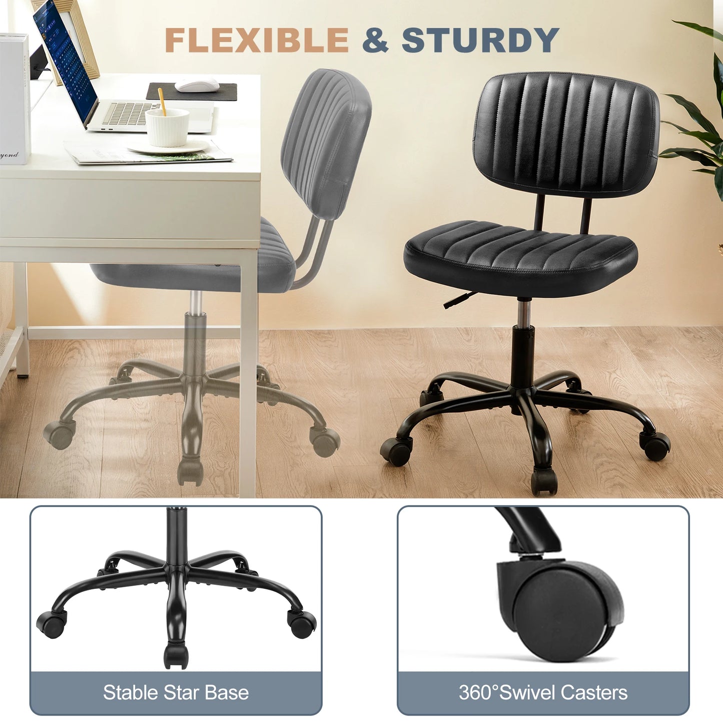 JHK Armless Office Chair With Lumbar Support 360 Degree Swivel