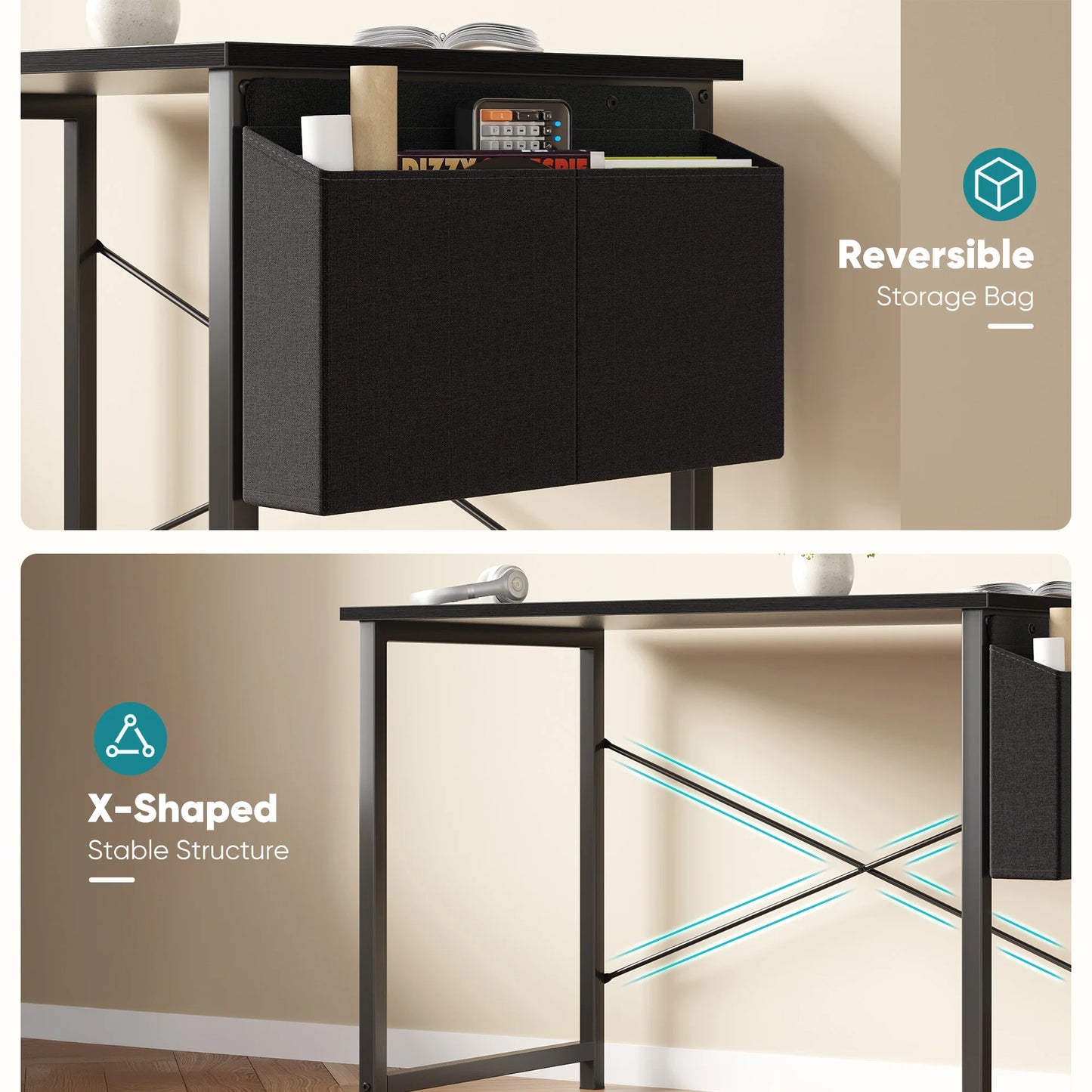 JHK Computer Desk With Wooden Top And Practical Storage Bag