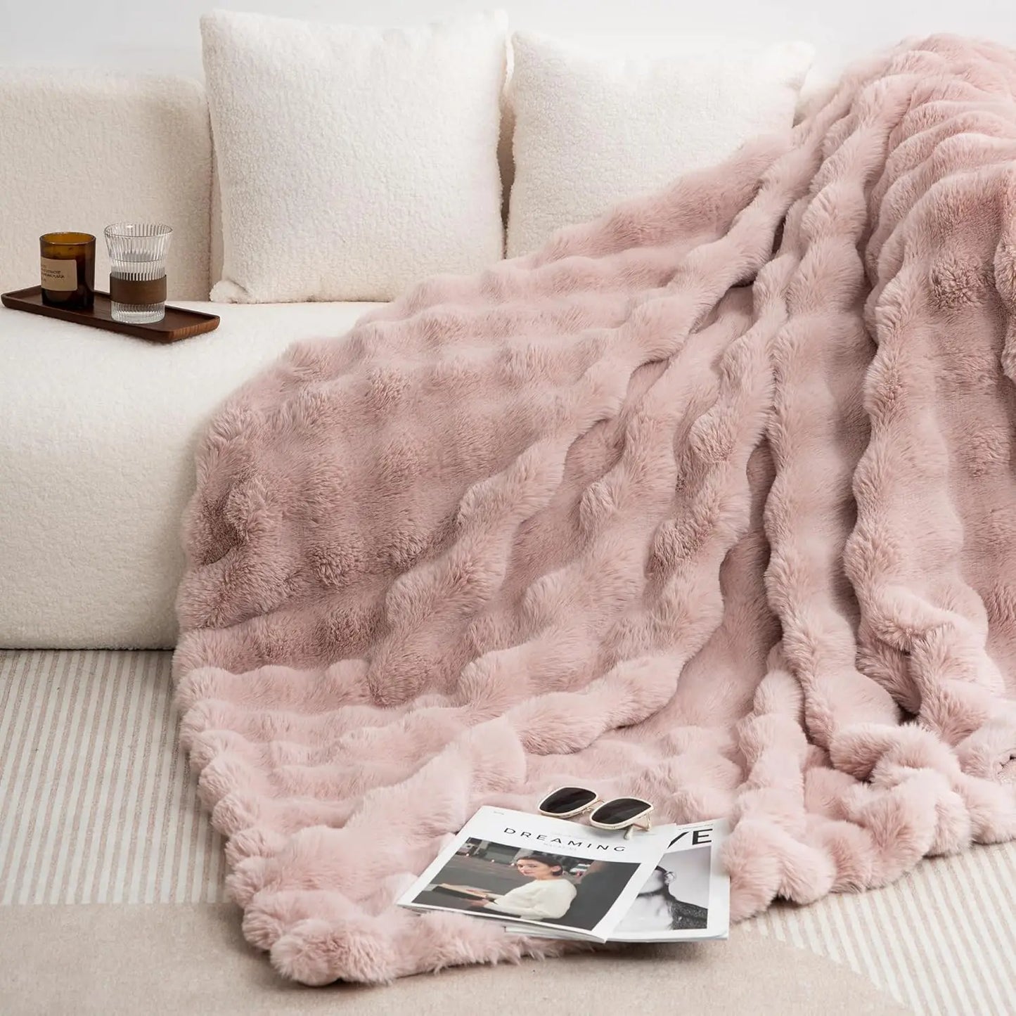 ROSEKIND Cozy Faux Rabbit Fleece Blanket Throw For Living Room
