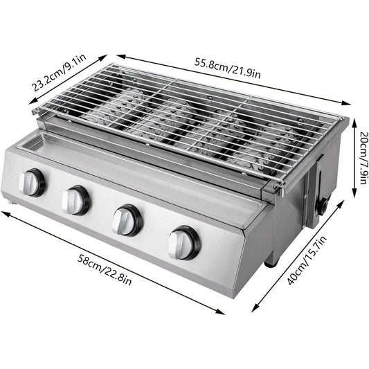 Portable 4-Burner Tabletop Stainless Steel Gas Grill Smokeless