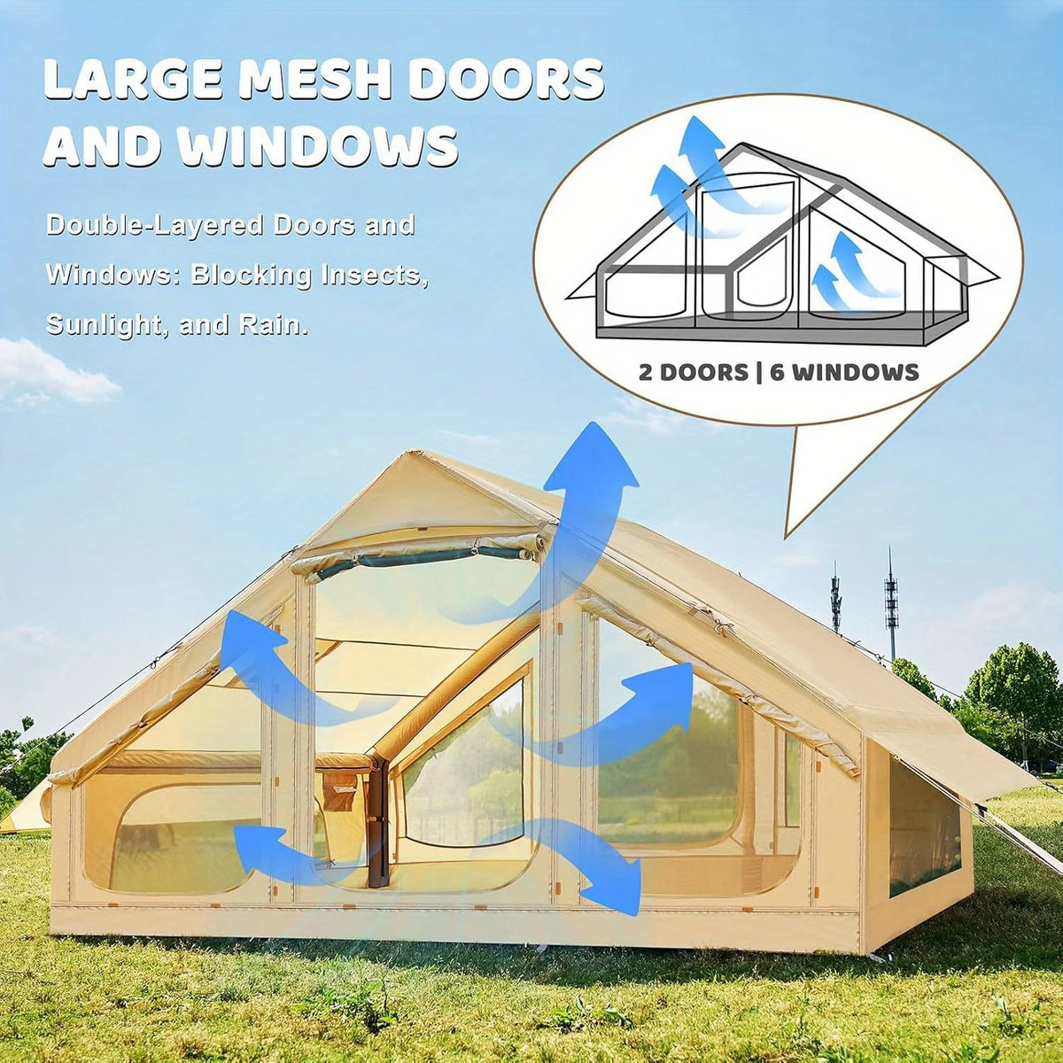 Inflatable Camping Tent With Stove Jack Skylight And Double Doors