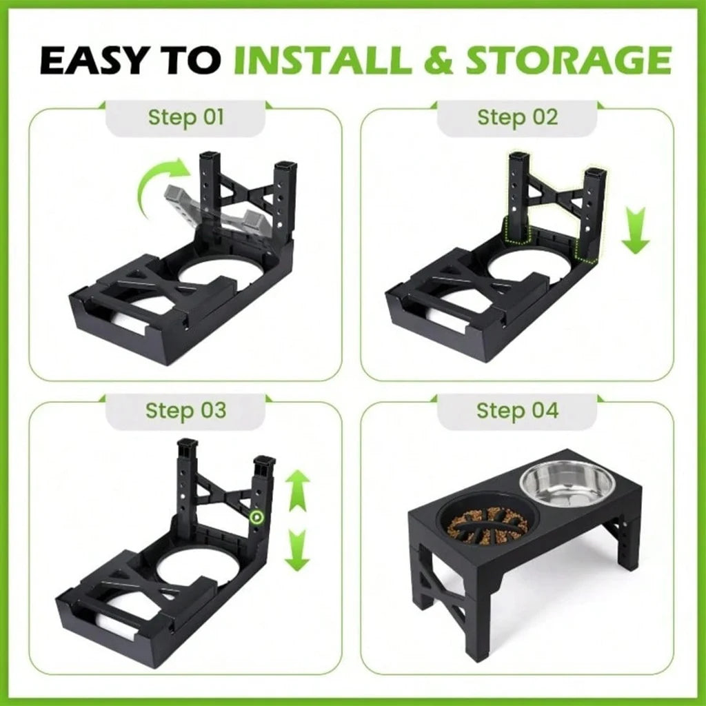 Adjustable Dog Feeder Stand with Slow Feed Bowl and Ball