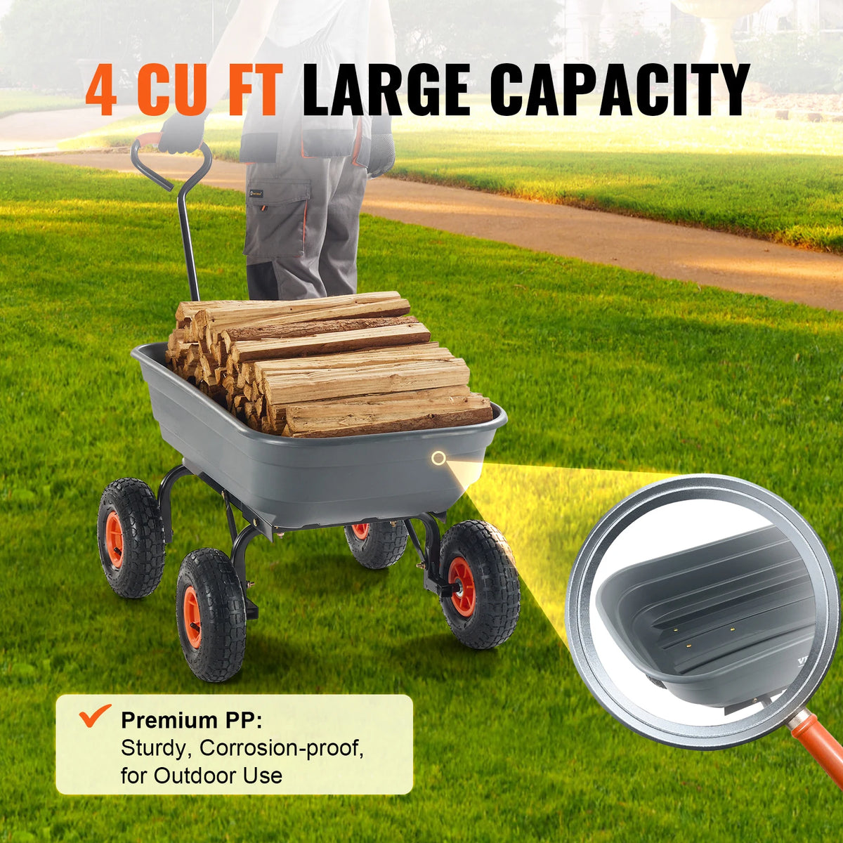SucceBuy Poly Garden Dump Cart With Steel Frame Convertible Handle