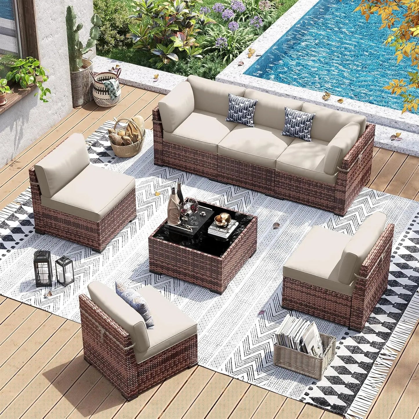 Patio Furniture Set 7-Piece PE Wicker Outdoor Conversation