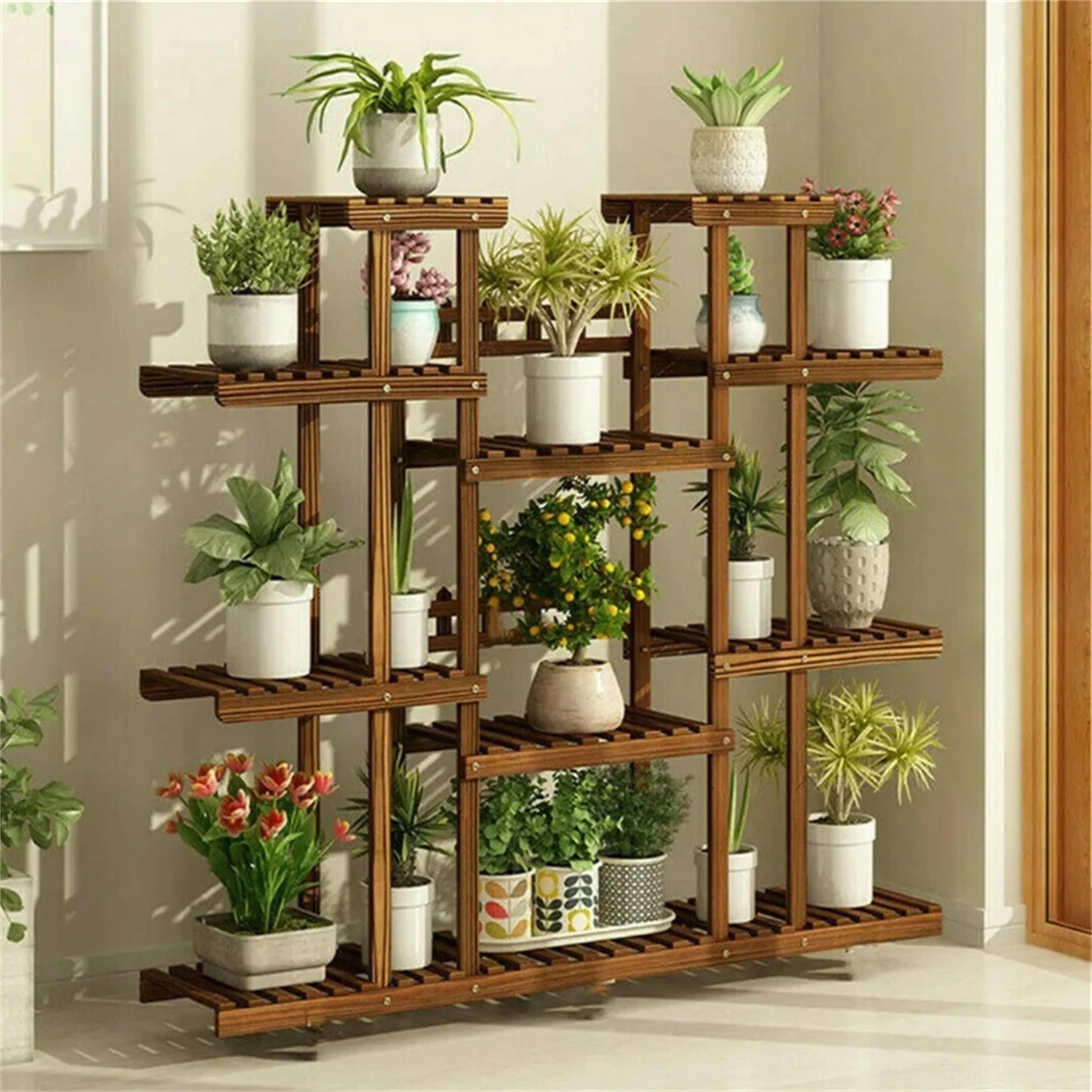 11 Tier Carbonized Wood Plant Stand For Indoor Outdoor Decor