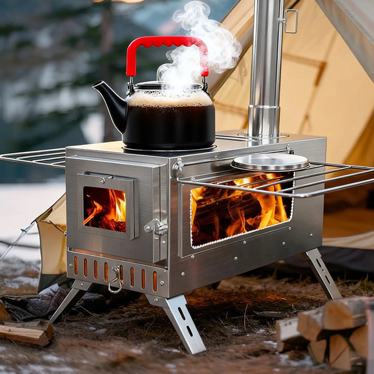 Portable Hot Tent Wood Burning Stove With Chimney Pipe Set