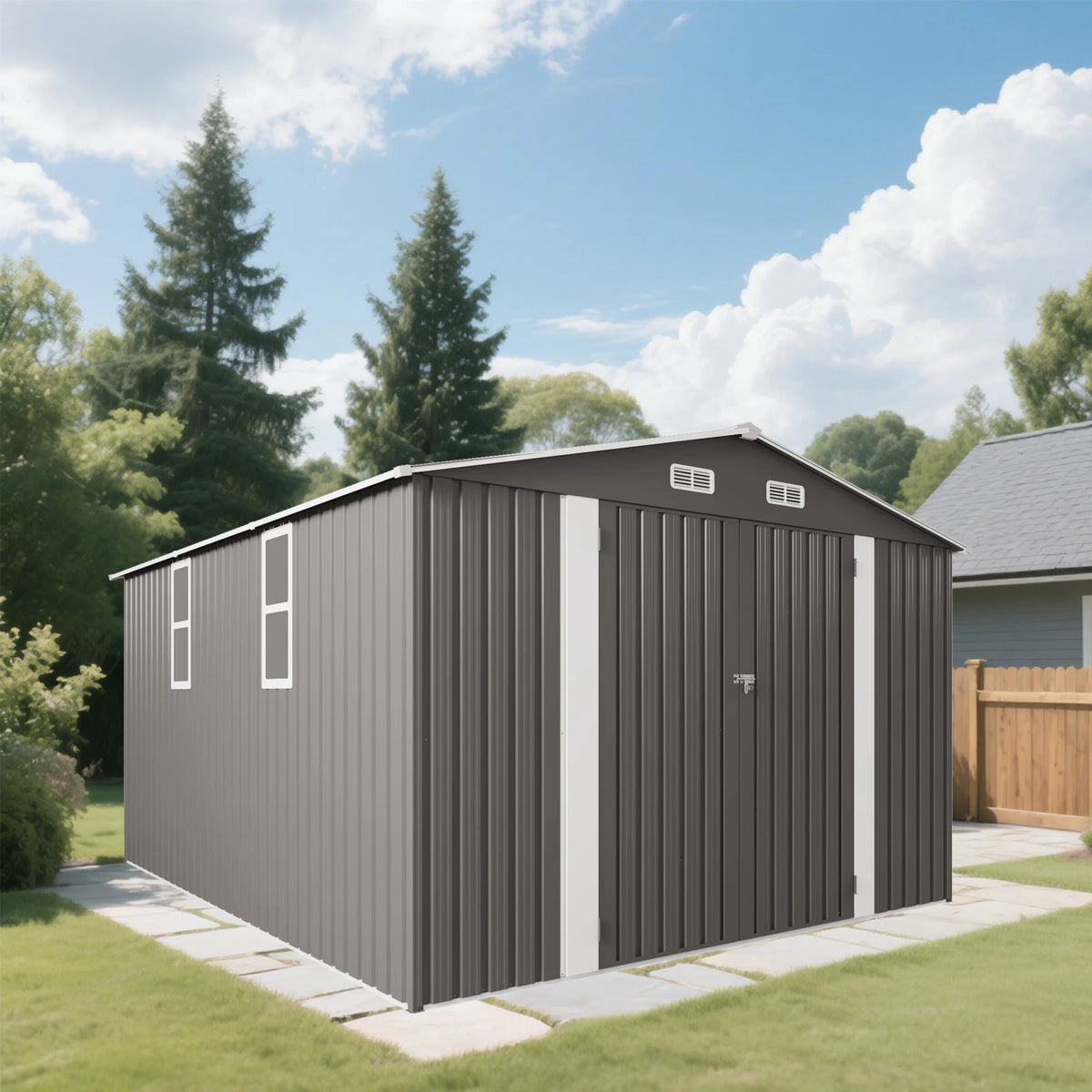 SUSUA Outdoor Metal Storage Shed With Double Doors And Windows