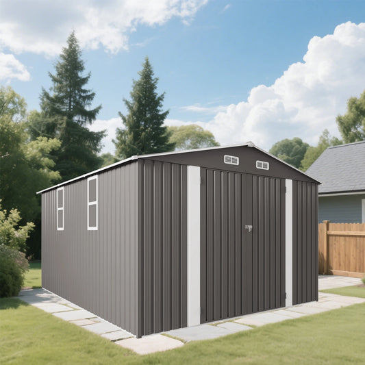 SUSUA Outdoor Metal Storage Shed With Double Doors And Windows