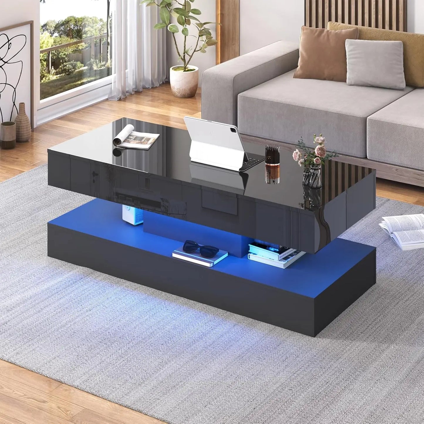 QiaoShiRen Modern Double Layer Coffee Table With Storage Drawers