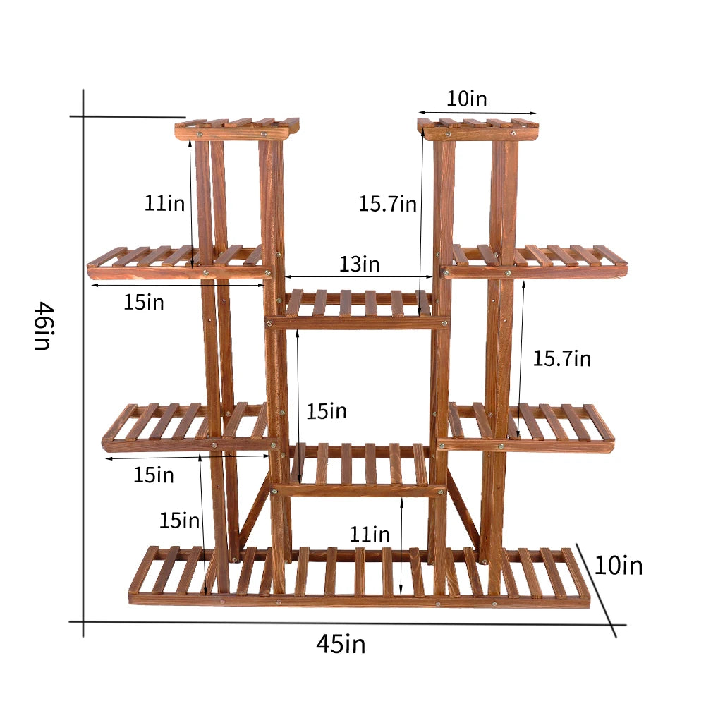 11 Tier Carbonized Wood Plant Stand For Indoor Outdoor Decor