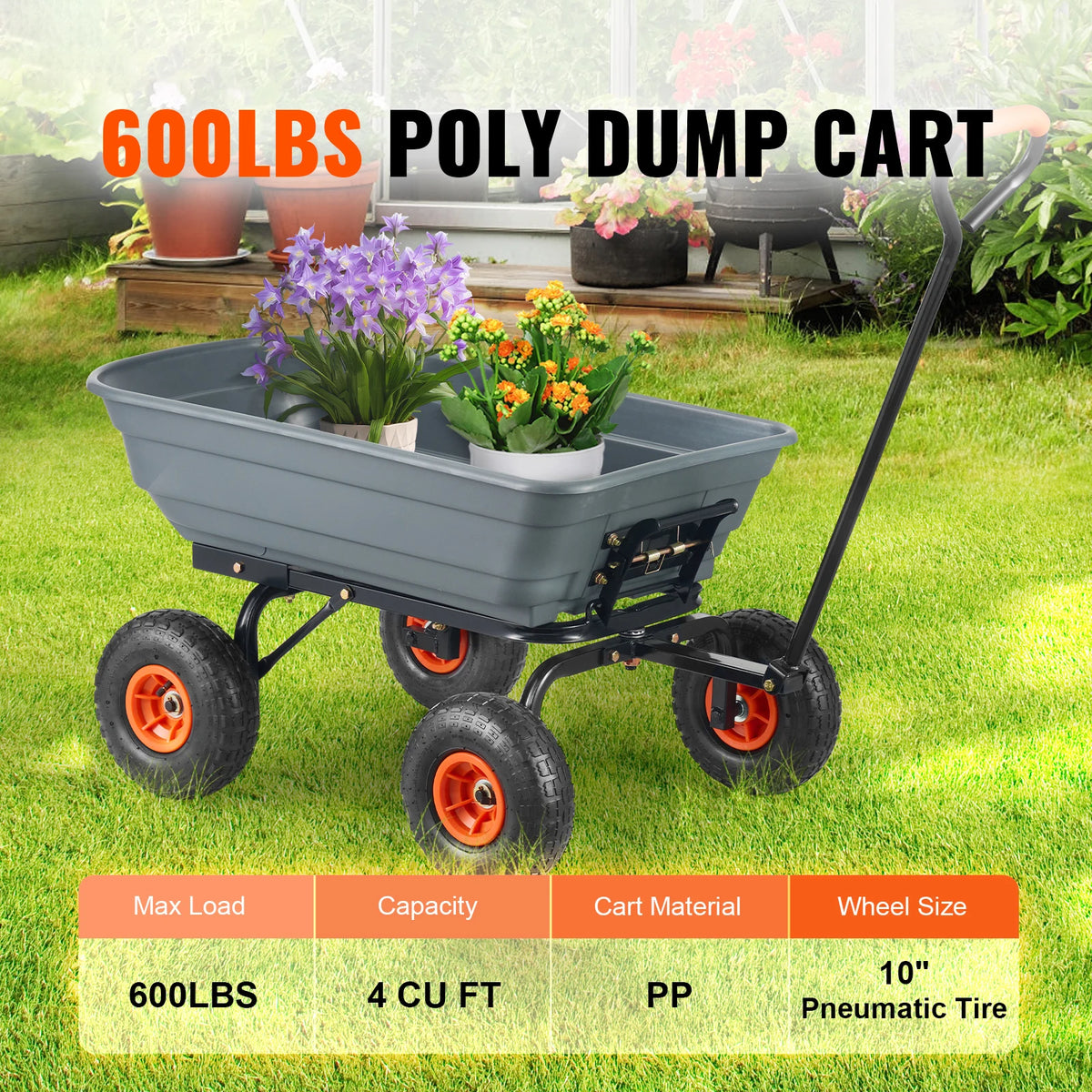 SucceBuy Poly Garden Dump Cart With Steel Frame Convertible Handle