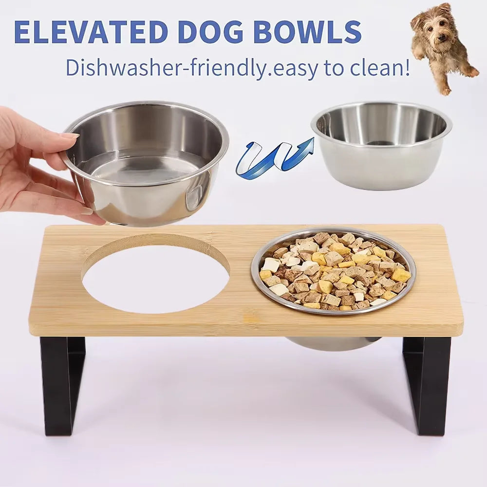 Elevated Tilted Cat Bowls With Wooden Stand And Steel Dishes